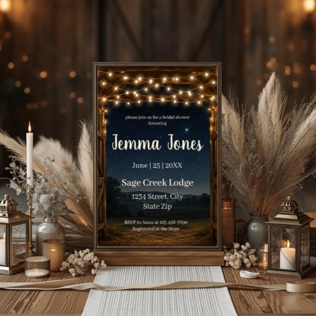 Rustic String Lights Night Sky Bridal Shower Invitation (Rustic bridal shower invitation with string lights, starry sky, wood beams, and custom details.)
