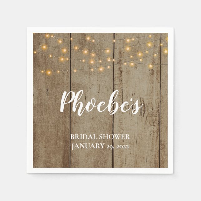 Rustic String Lights on Faux Wood Bridal Shower Napkin (Front)
