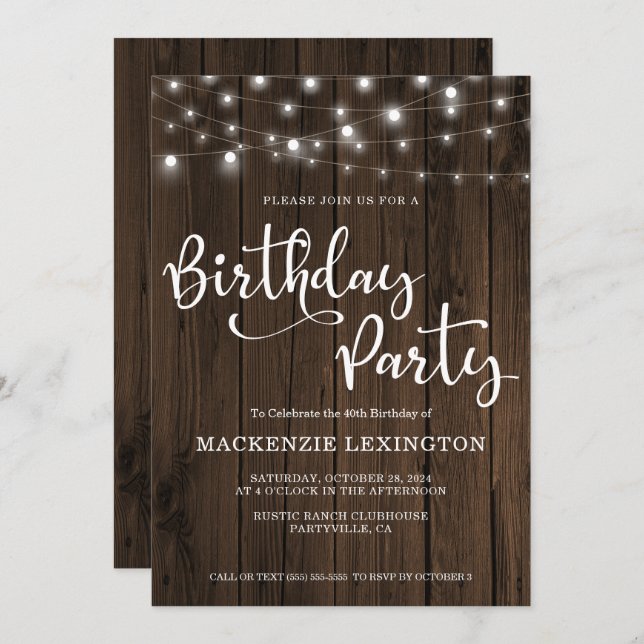 Rustic String Lights on Wood | 40th Birthday Party Invitation (Front/Back)