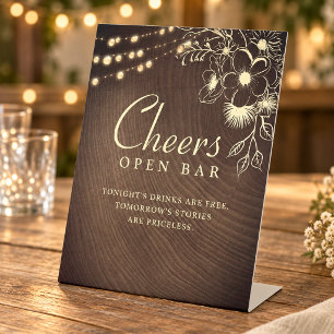 Rustic String Lights Open Bar Sign