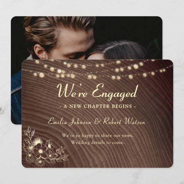 Rustic String Lights Photo Engagement Announcement (Front/Back)