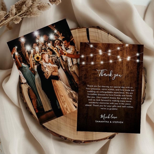 Rustic String Lights, Photo & Wood Wedding Thank You Card (Creator Uploaded)