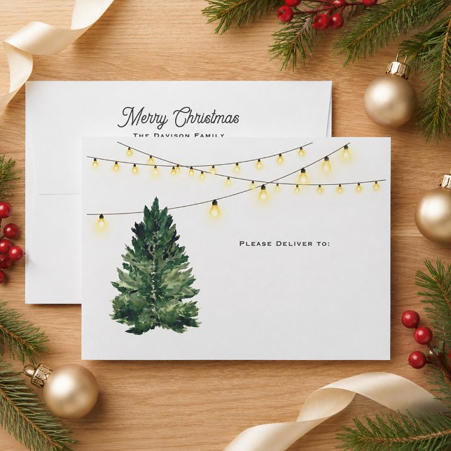 Rustic String Lights Pine Tree Christmas Address Envelope (Creator Uploaded)