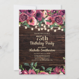 Rustic String Lights Purple Floral 75th Birthday Invitation