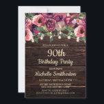 Rustic String Lights Purple Floral 90th Birthday Invitation<br><div class="desc">90th birthday party country-style invitation for women with a rustic dark brown barn wood background with twinkling string lights, and pink and purple watercolor floral. The text on this invitation is fully customisable, so regardless of the age, it can be personalised perfectly. Contact us for help with customisation or matching...</div>