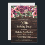 Rustic String Lights Purple Floral 90th Birthday Invitation<br><div class="desc">90th birthday party country-style invitation for women with a rustic dark brown barn wood background with twinkling string lights, and pink and purple watercolor floral. The text on this invitation is fully customisable, so regardless of the age, it can be personalised perfectly. Contact us for help with customisation or matching...</div>