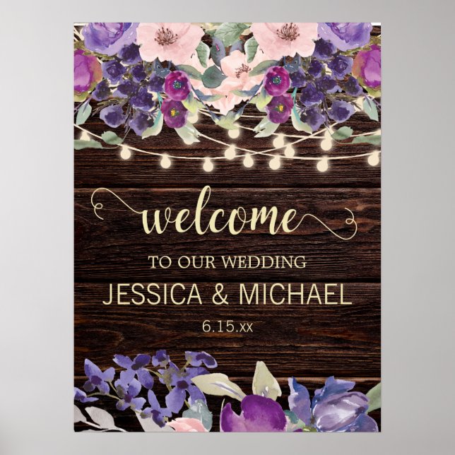 Rustic String Lights Purple Pink Floral Wedding Poster (Front)