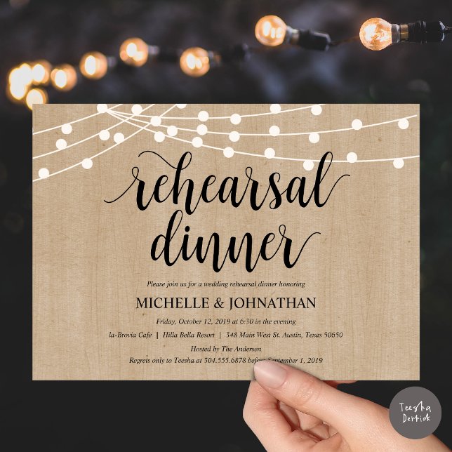 Rustic String Lights Rehearsal Dinner Invites (Rustic String Lights Rehearsal Dinner Invites Card, PDF, Brown Wood Background)