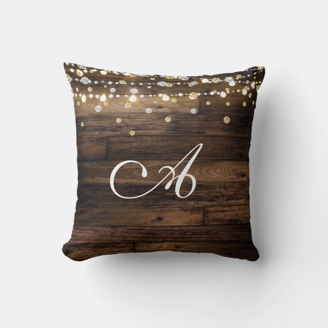 Rustic & String Lights Silver Gold Confetti Glam Cushion (Front)