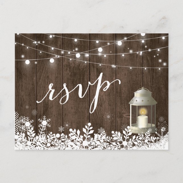 Rustic String Lights Snowflakes Wedding RSVP Invitation Postcard (Front)