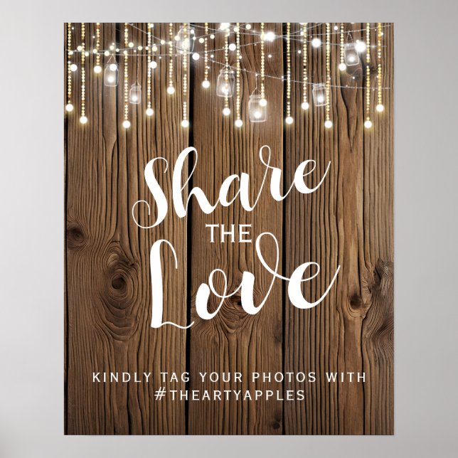 Rustic string  lights Social media wedding hashtag Poster (Front)