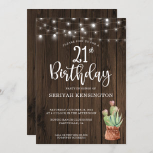 Rustic String Lights Succulent 21st Birthday Invitation