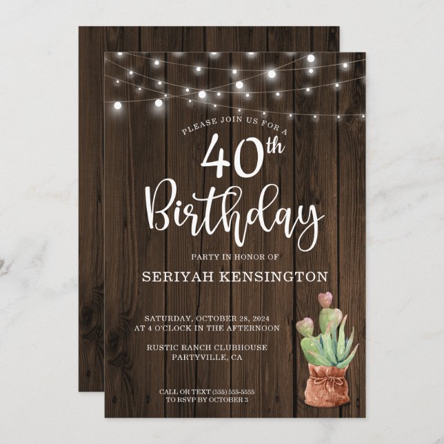 Rustic String Lights Succulent 40th Birthday Invitation (Front/Back)