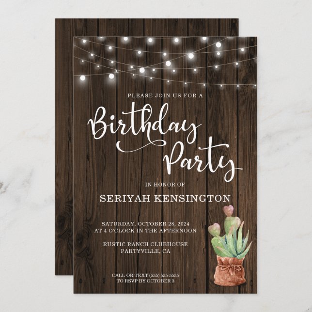 Rustic String Lights Succulent Any Year Birthday Invitation (Front/Back)