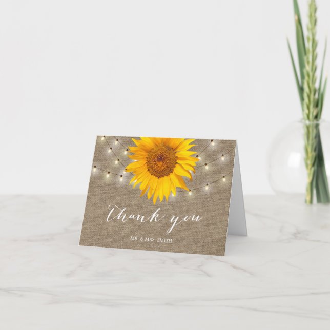 Rustic String Lights Sunflower Wedding Thank You Card (Front)