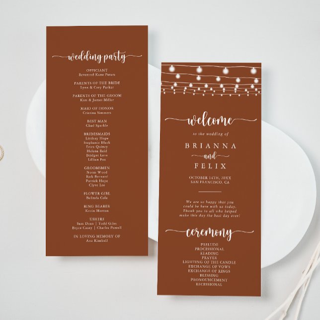 Rustic String Lights Terracotta Wedding Program Programme (Creator Uploaded)