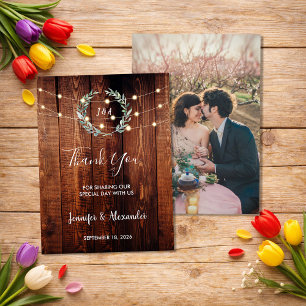 Rustic string lights Thank you wedding photo card