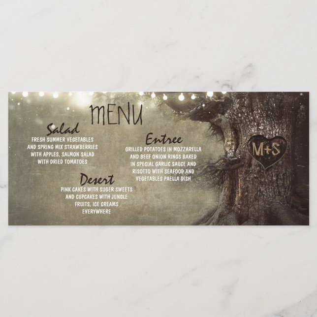 Rustic string lights tree wedding menu cards (Front)