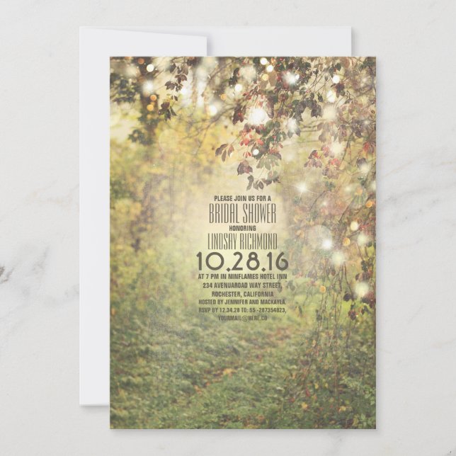 Rustic string lights trees path bridal shower invitation (Front)