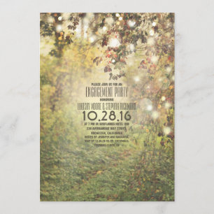 Rustic string lights trees path engagement party invitation