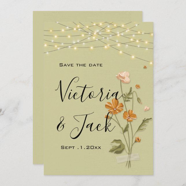 Rustic string lights trendy Floral save the dates  Invitation (Front/Back)
