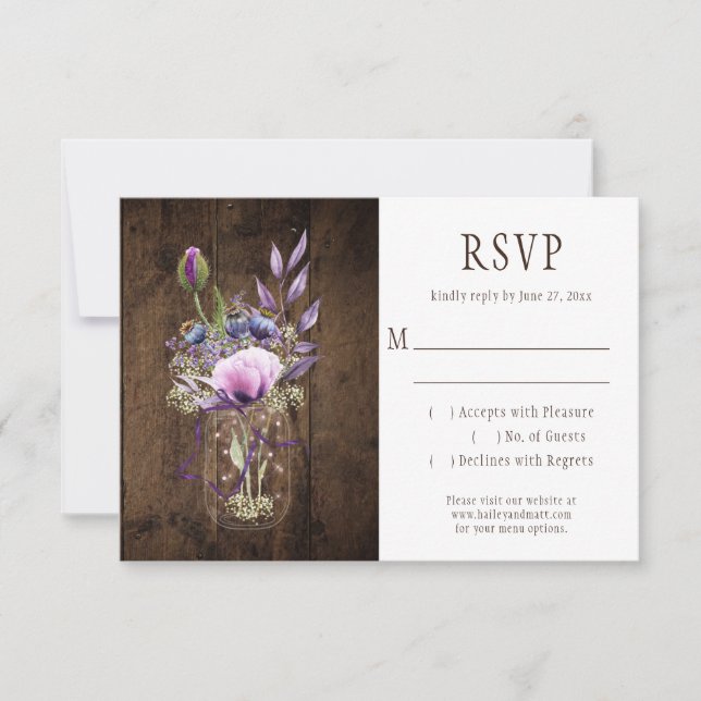 Rustic String Lights Violet Mason Jars RSVP Card (Front)
