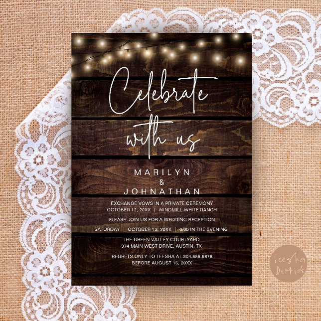 Rustic String Lights Wedding Reception Elegant Invitation (Rustic String Lights Wedding Reception Elegant Invitation Card in Dark Wood Theme)