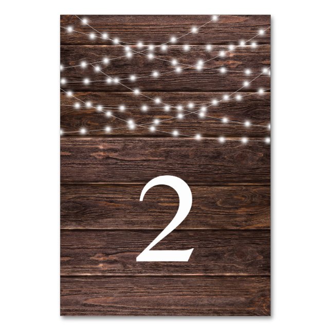 Rustic String Lights wedding reception Table Number (Front)