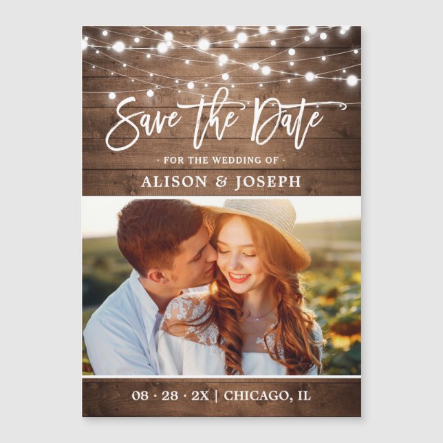 Rustic String Lights Wedding Save the Date Magnet (Front)