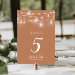 Rustic String Lights Wedding Table Numbers<br><div class="desc">Affordable printed wedding table number cards with a simple DIY template for customisation. This rustic chic design features strands of glowing string lights and mason jars on a rust orange background. Personalise each table number that you need and add each to your cart individually (note: adding a bulk number of...</div>