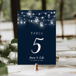 Rustic String Lights Wedding Table Numbers<br><div class="desc">Affordable printed wedding table number cards with a simple DIY template for customisation. This rustic chic design features strands of glowing string lights and mason jars on a dark navy blue background. Personalise each table number that you need and add each to your cart individually (note: adding a bulk number...</div>