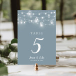 Rustic String Lights Wedding Table Numbers<br><div class="desc">Affordable printed wedding table number cards with a simple DIY template for customisation. This rustic chic design features strands of glowing string lights and mason jars on a dusty blue background. Personalise each table number that you need and add each to your cart individually (note: adding a bulk number of...</div>