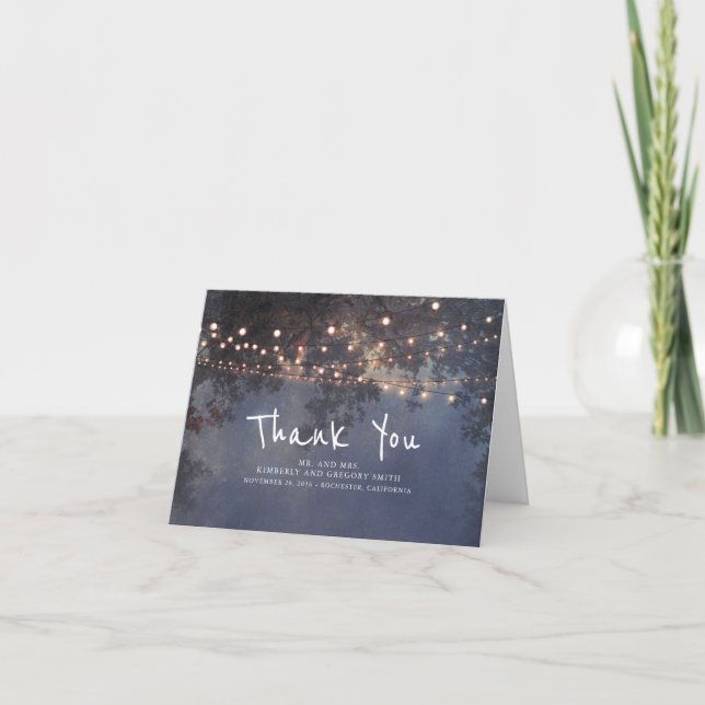 Rustic String Lights Wedding Thank You Card (Front)
