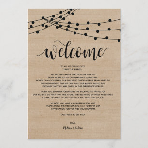 Rustic string lights Wedding Welcome and Itinerary Programme