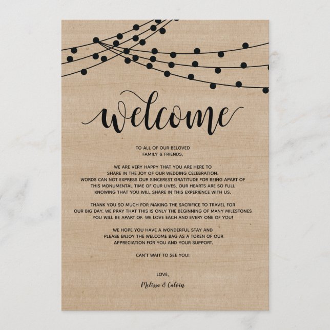 Rustic string lights Wedding Welcome and Itinerary Programme (Front)