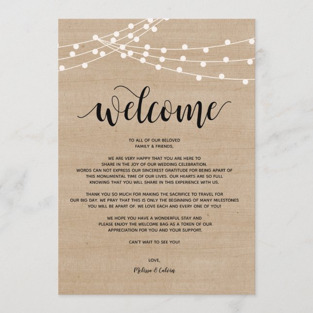 Rustic string lights Wedding Welcome and Itinerary Programme (Front)