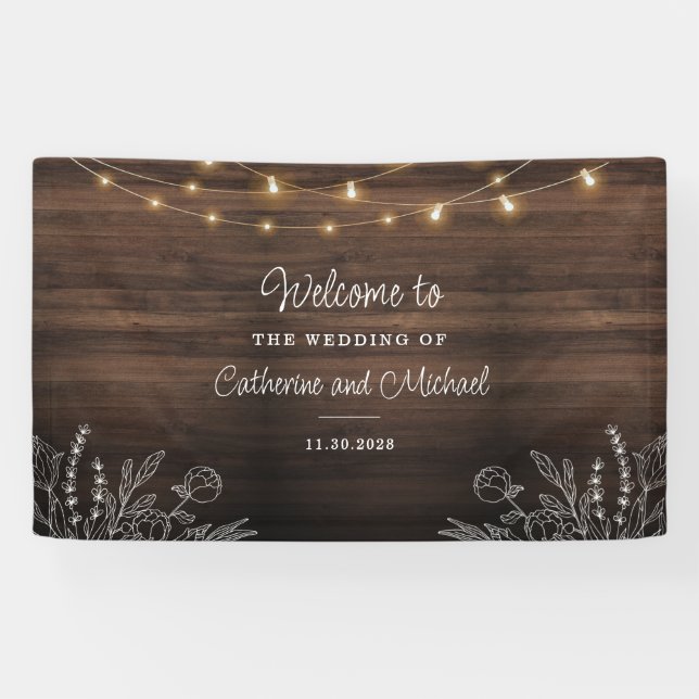 Rustic String Lights Welcome Wedding Banner (Horizontal)