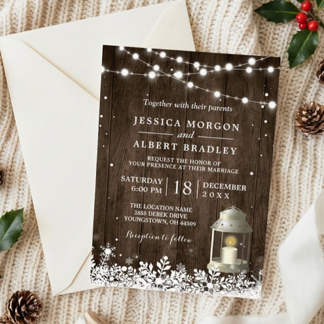 Rustic String Lights White Lantern Winter Wedding Invitation (Creator Uploaded)
