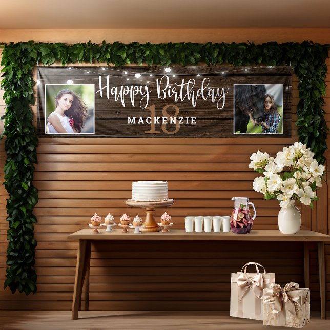 Rustic String Lights Wood 18th Birthday Photo Banner (Rustic String Lights Wood 18th Birthday Photo Banner)