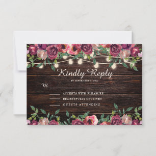 Rustic String Lights Wood Burgundy Floral  RSVP Card