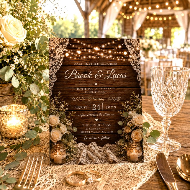 Rustic String Lights Wood Candles Lace Wedding Invitation (Creator Uploaded)