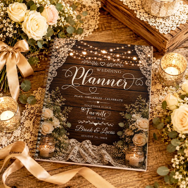 Rustic String Lights Wood Candles Lace Wedding Planner (Creator Uploaded)