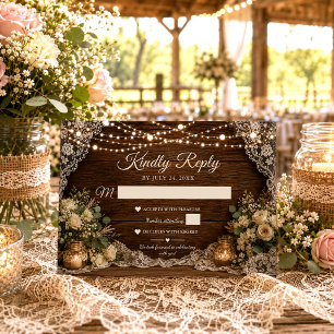 Rustic String Lights Wood Candles Lace Wedding RSVP Card