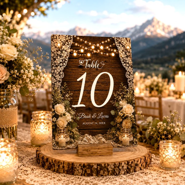 Rustic String Lights Wood Candles Lace Wedding Table Number (Creator Uploaded)