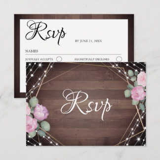 Rustic String Lights Wood & Floral RSVP Wedding  Card