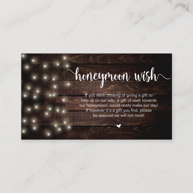 Rustic String Lights, Wood, Honeymoon Wish Enclosure Card (Front)