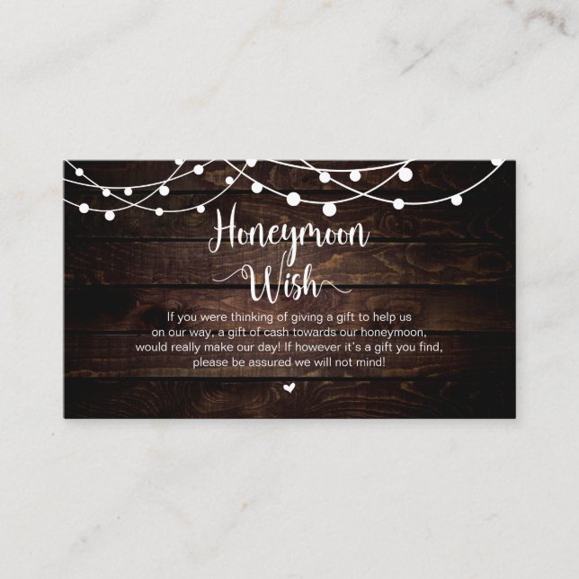 Rustic String Lights, Wood, Honeymoon Wish Enclosure Card (Front)