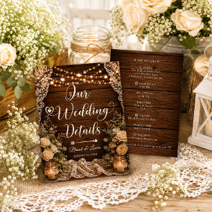 Rustic String Lights Wood Lace Wedding Details Enclosure Card
