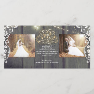 Rustic String Lights Wood Lace Wedding Thank You Card