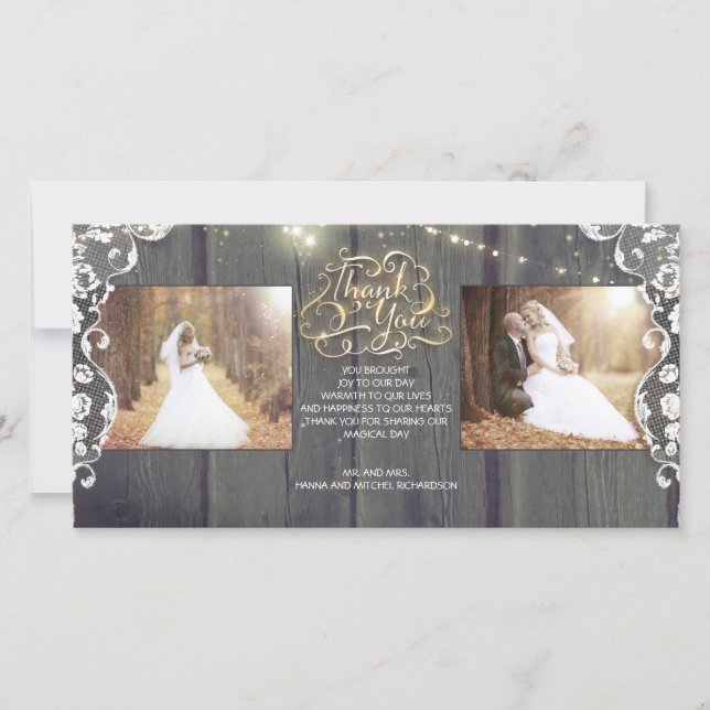 Rustic String Lights Wood Lace Wedding Thank You Card (Front)